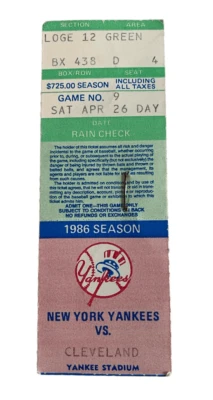 New York Yankees vs Cleveland April 26 1986 Ticket Stub Old Stadium - Image 1 of 2