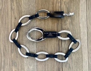 Suzi Roher Chain Belt Oval Silver Metal Links Black Leather Sz Med Stretch Belt - Picture 1 of 7