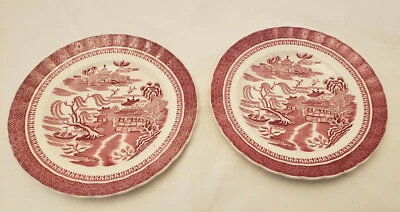 SPODE COPELAND Pair of Rare Copeland Spode MANDARIN PINK Red Salad Plates ~minty