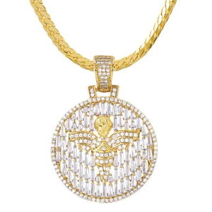 Men's Iced Out CZ Angel Medallion Pendant 20 inch Miami Cuban Chain BCH 17102 G - Picture 1 of 3