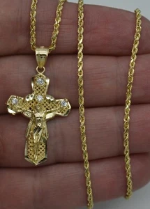 Real 10k Yellow Gold  Jesus Crucifix Cross Filigree  Pendant + Chain 16"-24" - Picture 1 of 7