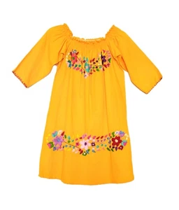 Mexican Off The Shoulder Hand Embroidery Women's Tunic Dress Yellow S-M - Picture 1 of 6