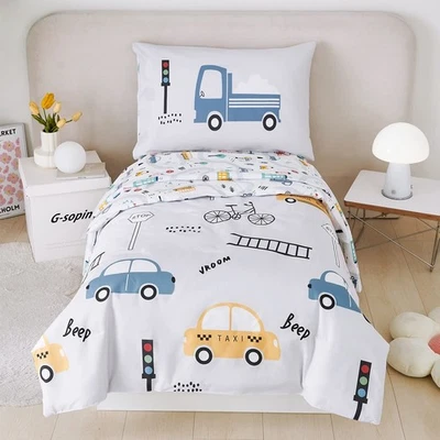 PERFEMET 4 Pcs Toddler Bedding Set - Soft Reversible Cars, Bus, Trucks Print ... - Image 1 of 4