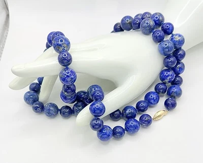 复古 14K 黄金蓝色 Lapis Lazuli 串珠 32 英寸项链长 15 毫米和 11 毫米珠子 — 第 1/4 张图片