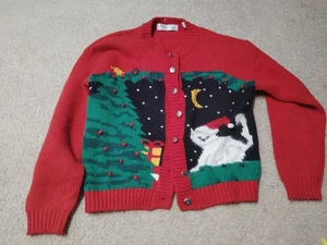 VTG Karen Scott Christmas Cardigan Cat Women's PL "Ugly Christmas Sweater" Red - Picture 1 of 6