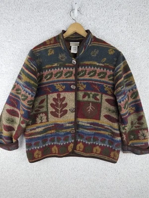Vtg Coldwater Creek Tapestry Wool Blend Sweater Medium Button Boho Fall Leaves - Image 1 of 4