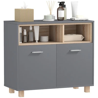 HOMCOM Bathroom Cabinet with Open Compartments and 2 Doors, Grey - Image 1 of 4
