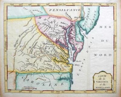 AMERICA  VIRGINIA  MARYLAND  BY DE LAPORTE  c1786  SCARCE GENUINE ANTIQUE MAP - Изображение 1 из 4