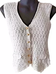 GO NATURAL Ivory Cream Texture Wood Button Ramie Crochet Faux Pocket Vest M - Picture 1 of 15