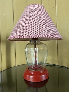 16" FARM HOUSE Red glass Table Lamp w Gingham Red And White lamp shade. - Picture 1 of 10