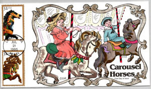 #2977 PINTO #2979 BROWN JUMPER CAROUSEL HORSES STAMPS, COLLINS HAND COLORED FDC