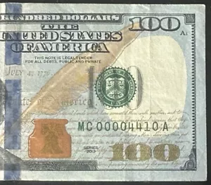 (LOW SERIAL NUMBER!) $100 Low Four Digit Fancy Serial Number MC00004410A *2013* - Picture 1 of 3