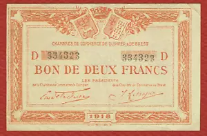 CHAMBRE DE COMMERCE DE QUIMPER ET DE BREST 1918 2 FRANCS JP# 104-12 CH VF - Picture 1 of 2