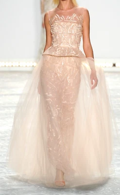 Monique Lhuillier 2015 Runway Pink Sequin Embroidered Tulle Long Dress Gown 10 - Image 1 of 4