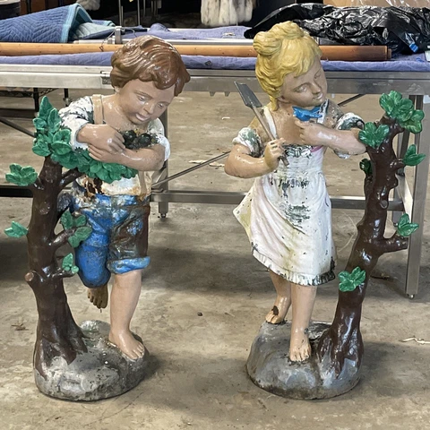 Pair of Vintage Life Size Cast Iron Garden Statues of A Girl & Boy With Birds Cover