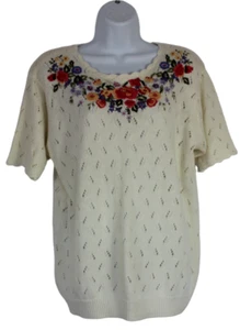 ALFRED DUNNER Short Sleeve Lightweight Sweater Embroidered Open Knit Women's M - Picture 1 of 5