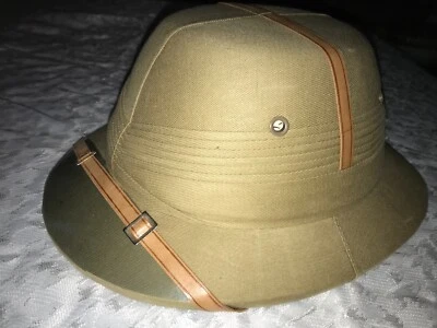Rare NOS Vintage BOMBAY BOWLER Pith KHAKI Beige HELMET Leather CANVAS Size 7 3/8 - Image 1 of 4