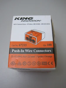 BOX OF (100) KING INNOVATION 22-12 AWG PUSH-IN WIRE CONNECTORS #67215 - Picture 1 of 3