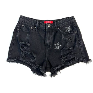 GUESS Black Denim Cut Off Jean Shorts Size 26 Sequin Star Patches Distressed - Picture 1 of 10
