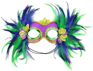 Mask It 48035 Mardi Gras Satin and Feather Half Mask, Purple - Picture 1 of 1