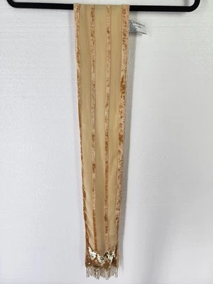 Bufanda Dorada Terciopelo Terciopelo Rayas Lentejuelas Cuentas Flecos Hecha en India Foto 1 de 4