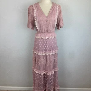 Listicle Lace Tiered Short Sleeve Button Boho Maxi Dress Dusty Pink Mauve Rare - Picture 1 of 10