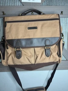 Eddie Bauer Mens Messenger Shoulder Bag Front Flap Brown Tan Canvas Leather - Picture 1 of 12