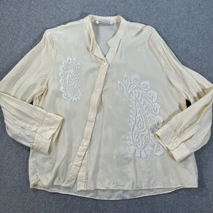 Zara Paisley Perlen Asymmetrische Button Down Bluse Damen XL Beige Langarm - Bild 1 von 7