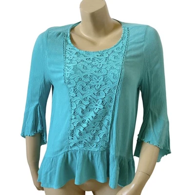 Blusa Top Boho Campesina Manga Campana Borde Encaje Verde Azulado Pequeño One World para Mujer Foto 1 de 4