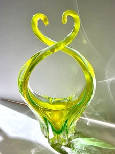 MCM Murano Art Glass Handled Basket Yellow Green Clear Sommerso VTG 1960s 12”x7” - Picture 1 of 12