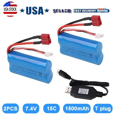 2Pcs 2S 1500mAh 7.4V Li-ion Battery Deans T Plug Charger For WLtoys 4WD RC Car - Image 1 of 4