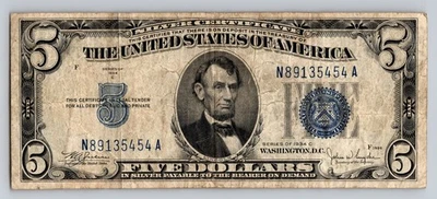 Billete de 5 dólares certificado de plata 1934 sello azul serie C billete de cinco Estados Unidos Foto 1 de 2