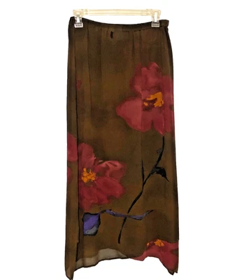 Falda Floral Vintage Chicos 100% Seda Marrón Talla 2 Boho Elegante Forrada Aberturas Foto 1 de 4