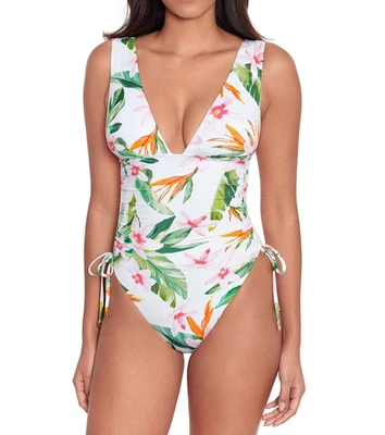 Ralph Lauren Tropical Floral Print Shirred Side Plunge-Neck Swimsuit 8 - Image 1 of 4