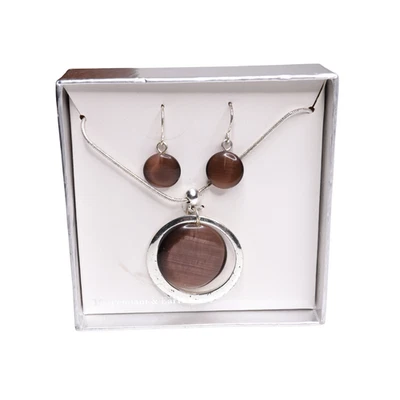 Juego de collar y pendiente colgante de piedra redonda marrón de 18 pulgadas con caja Foto 1 de 3