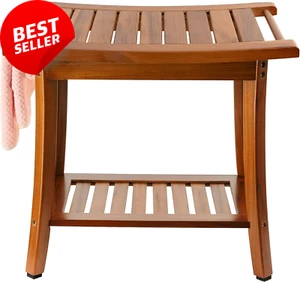 Teak Shower Bench Seat with Handles Wooden Spa Bath Stool Indoor Outdoor Use - Picture 1 of 12