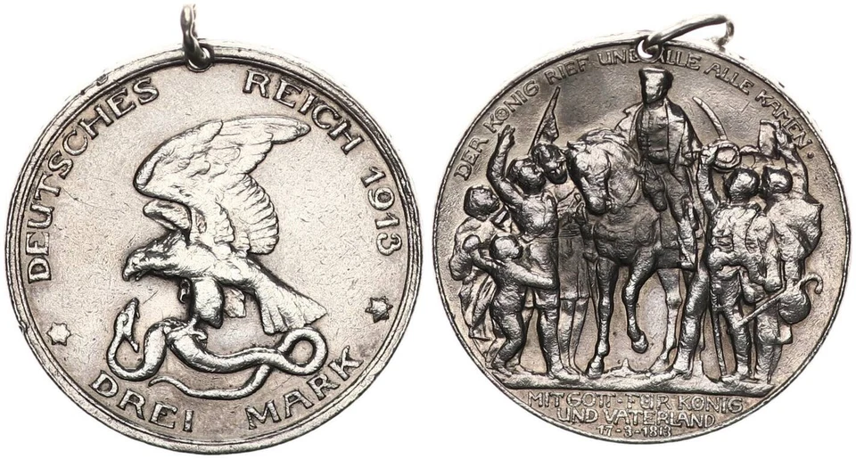 German Empire Prussia 3 Mark 1913 Pendant Silver 17.6 g Diameter: 33.00 mm - Image 1 of 1