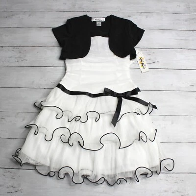 Vestido de festa Amy Byer vintage feminino tamanho 6 branco babado preto jaqueta Shrug - Imagem 1 de 4