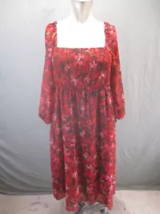 Venus Größe M Damen rot Blumenmuster quadratischer Ausschnitt Langarm gesmoktes Midikleid 972 - Bild 1 von 11