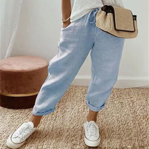 Women Long Pants Drawstring Pockets Wide Leg Bottoms Casual Straight Trousers - Bild 1 von 19