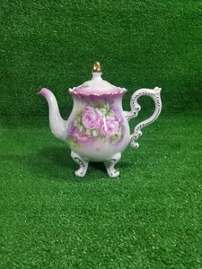 Vintage Victoria's Garden Floral Rose Porcelain Footed Teapot w/ Gilded Gold - Picture 1 of 11