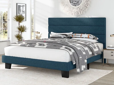 Sifurni Queen Size Fabric Upholstered Platform Bed Frame with Headboard, Blue