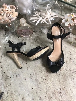 Via Spiga Sz 8  Black Leather Jute Platform High Heel Sandals - Image 1 of 4