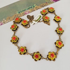 Michal Negrin Necklace 3D Roses Yellow Enamel Bright Orange Crystals Cocktail - Picture 1 of 19