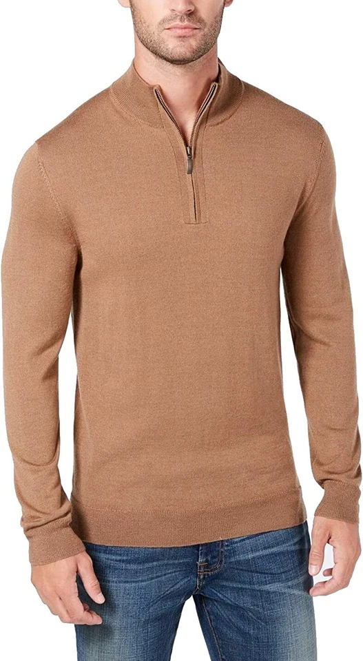 Club Room Mens 1/4-zip Merino Wool Blend Pullover Sweater Brown L