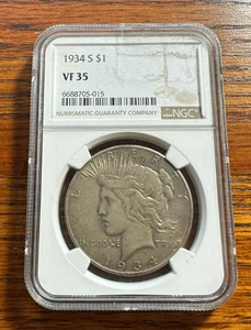 1934 S NGC VF35 Peace Silver Dollar $1 US Mint Rare Key Date Coin 1934-S VF-35 - Picture 1 of 2