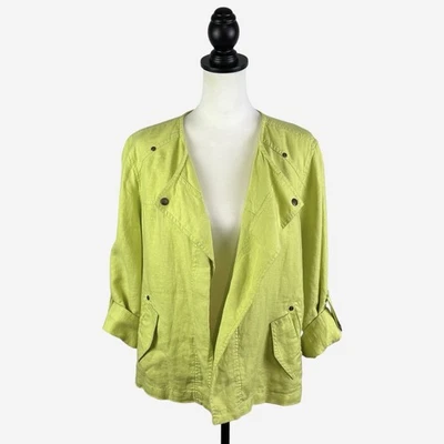 Chicos Easy Linen Jacket 2 Large Chartreuse Open Drape Front Roll Tab Sleeve - Image 1 of 4