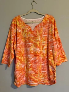 PALM GROVE WOMEN'S TOP. SIZE: 3X SPLIT NECK 3/4 SLEEVE ORANGE/YELLOW RHINESTONE - Picture 1 of 6