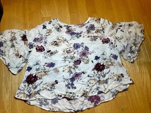 Camicetta donna adolescente ombretto crema viola floreale manica a volant ritagliata piccola - Foto 1 di 2