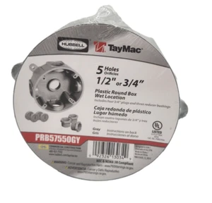 HUBBELL TAYMAC Plastic Round Box 5 Holes 1/2 Or 3/4 Wet Location #PRB57550GY - Picture 1 of 4